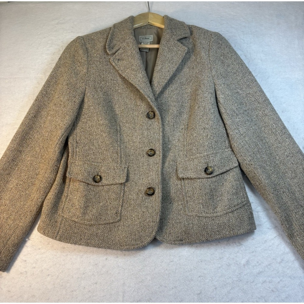 LL BEAN Women's 12 Herringbone Tweed Sport Coat Wool-Silk Blend Blazer VTg EUC‎